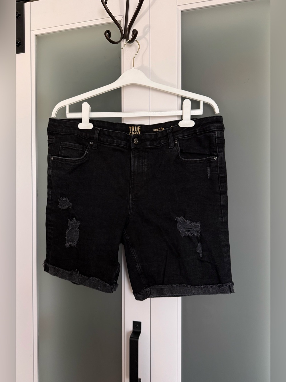 Black Distressed Rolled-Hem Denim Bermuda Shorts